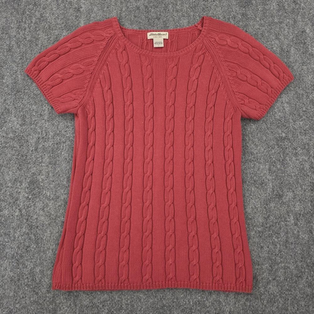 Eddie Bauer Sweater Womens Large Red Cable Knit Short Sleeve Pullover Cotton